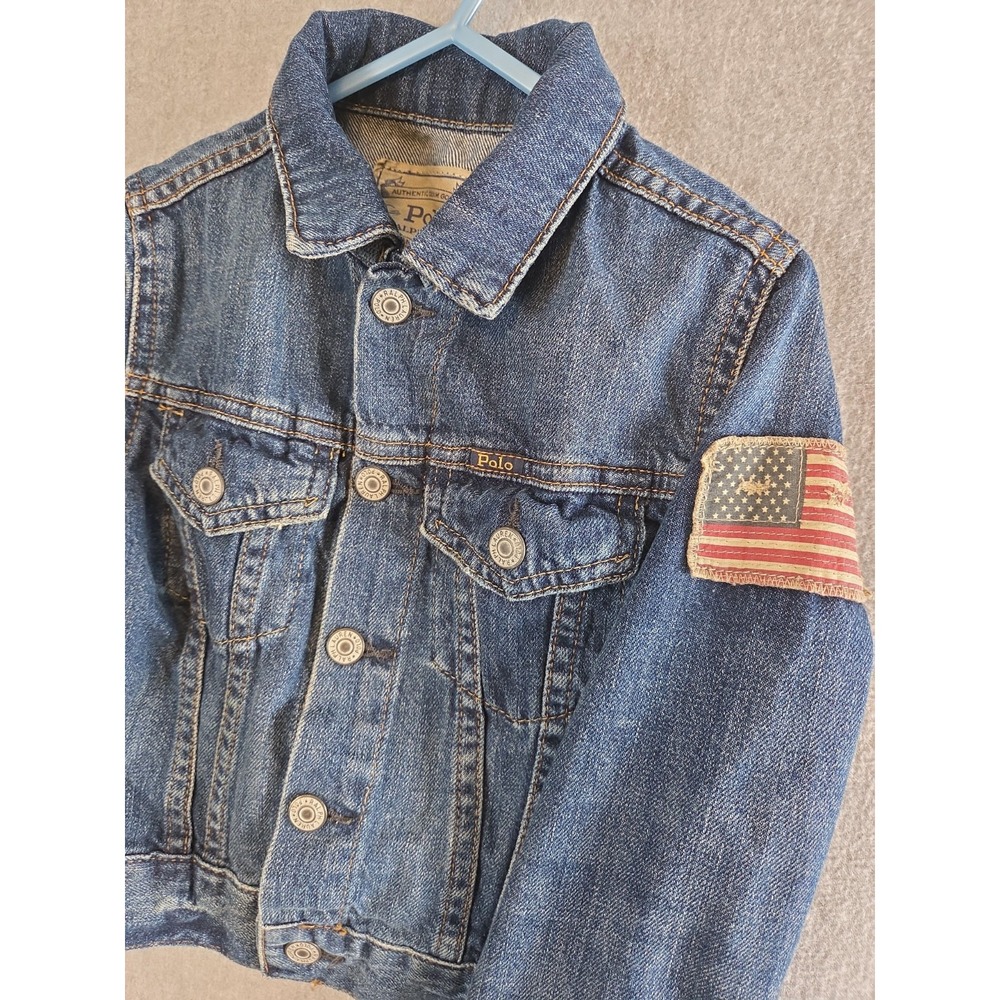 Polo Ralph Lauren Trucker Jean Jacket Boys 4T Blue Denim Flag Patch Retro Y2K